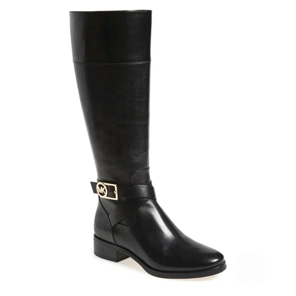 Michael Kors Bryce Black Leather Knee High Tall Riding Boots MK Logo Buckle 9